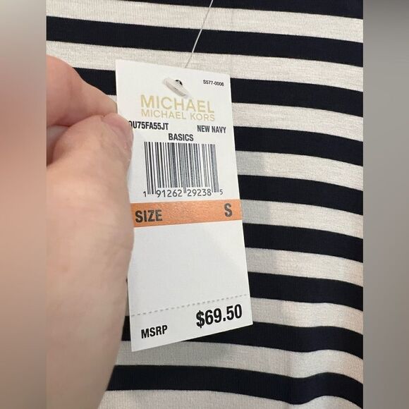 (NWT) Michael Kors navy and white stripe top with zip up back and embellished MK - Picture 3 of 7